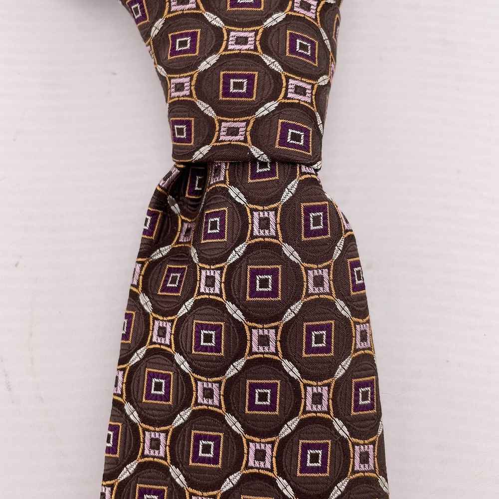 FORSYTH OF CANADA Men's‎ Silk Necktie Designer Handmade Brown Geometric 63"